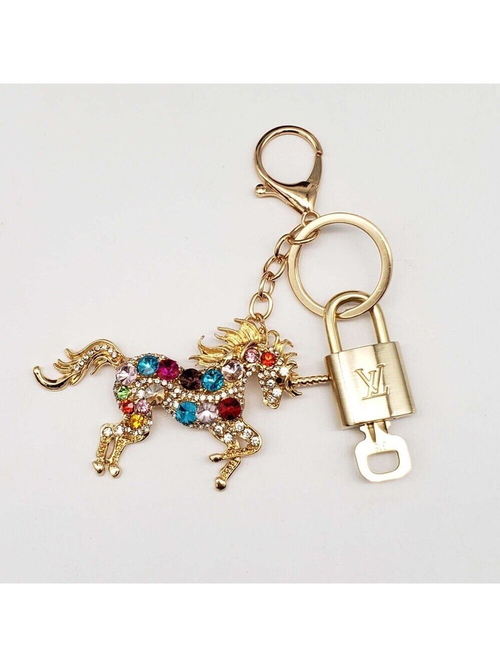 LV Authentic Gold Lock & Key 🔑 Luxury Bag Charm w/ Unbranded Horse Keychain